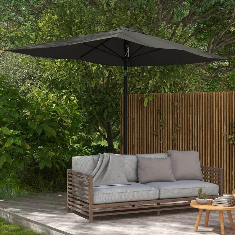 Dark grey rectangular garden parasol with crank, adjustable tilt canopy and pole
