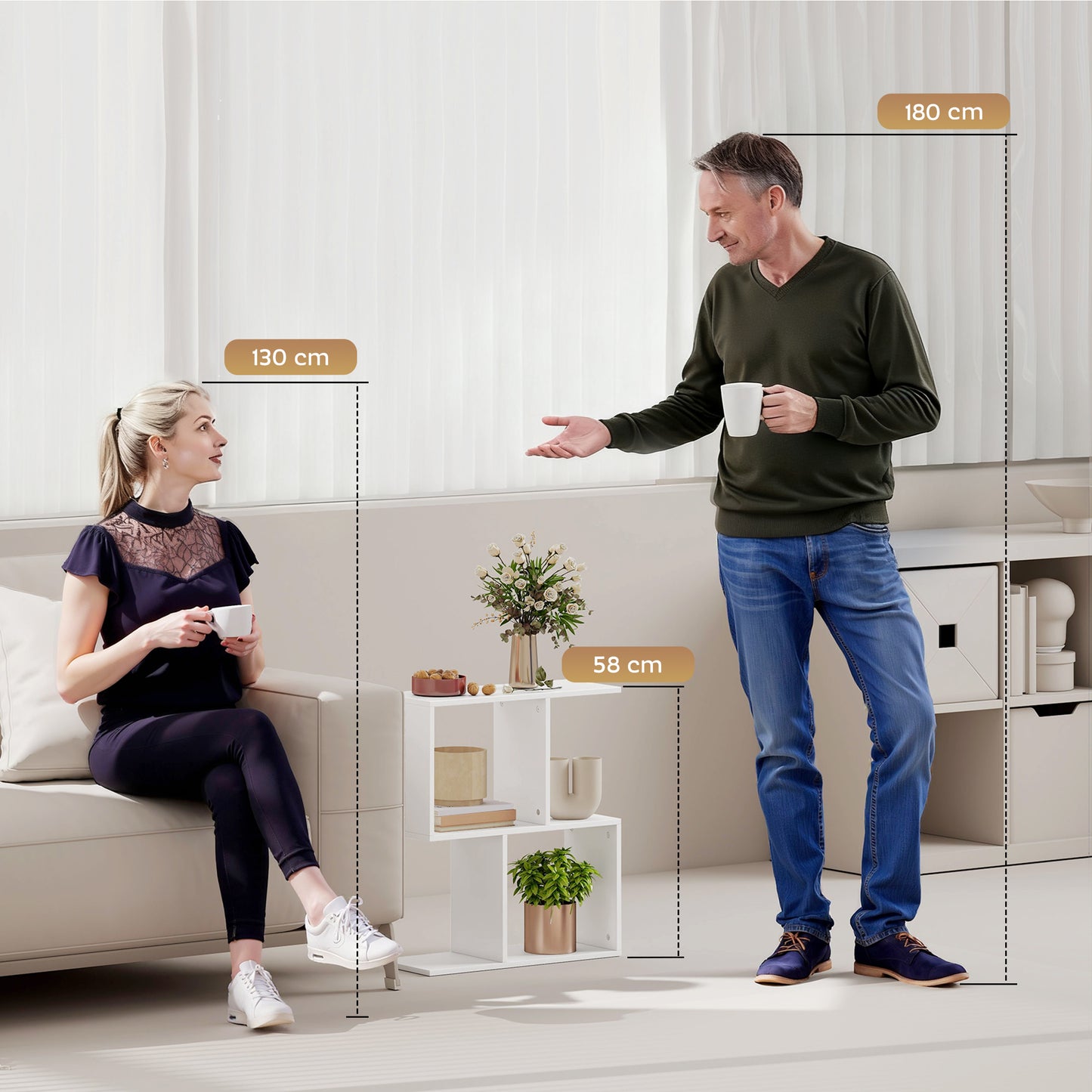 HOMCOM S Shaped Side Table With Storage Shelves Narrow End Table 3 Tier White 50W 19D 58H