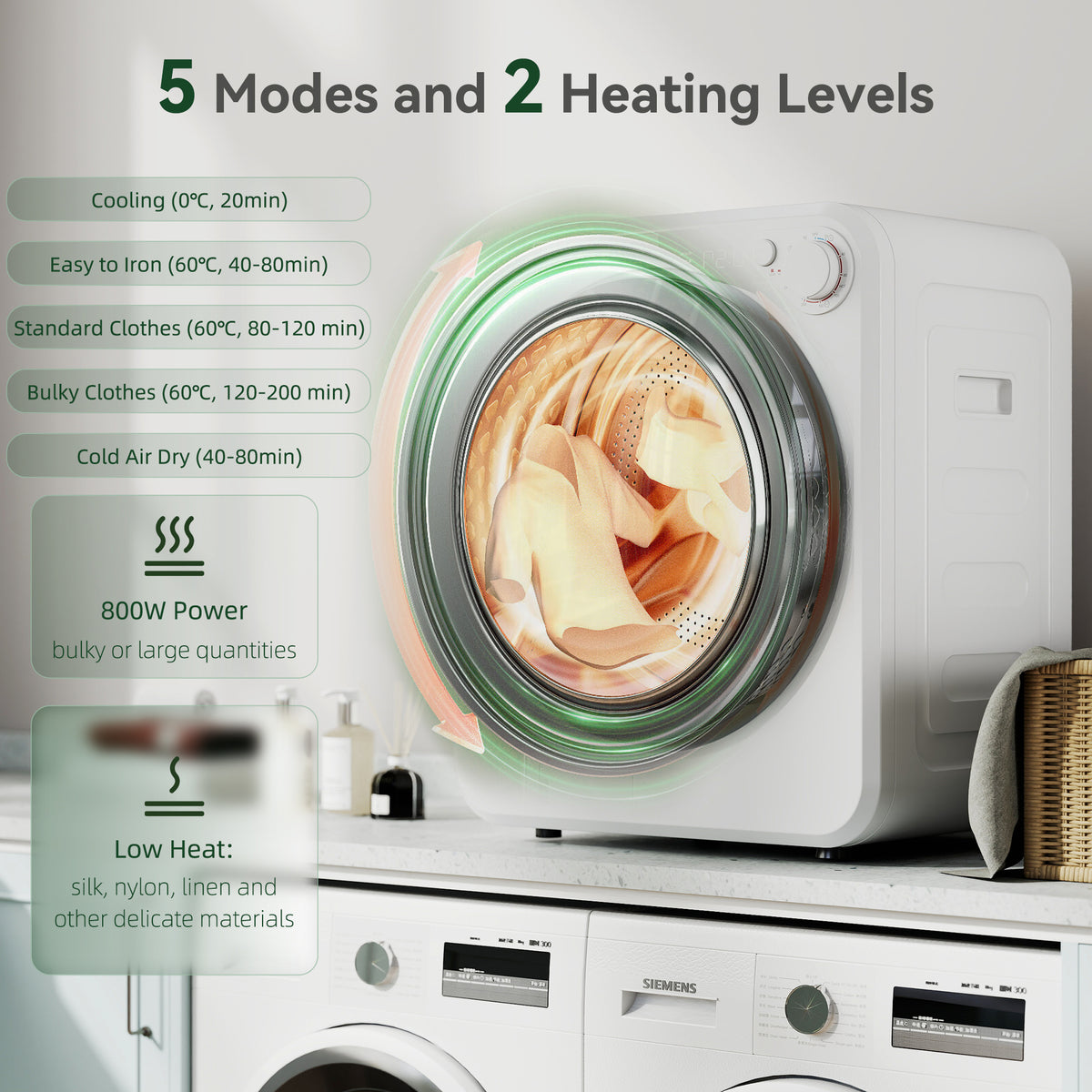 White front-load laundry dryer with drum visible through door window and mode dial