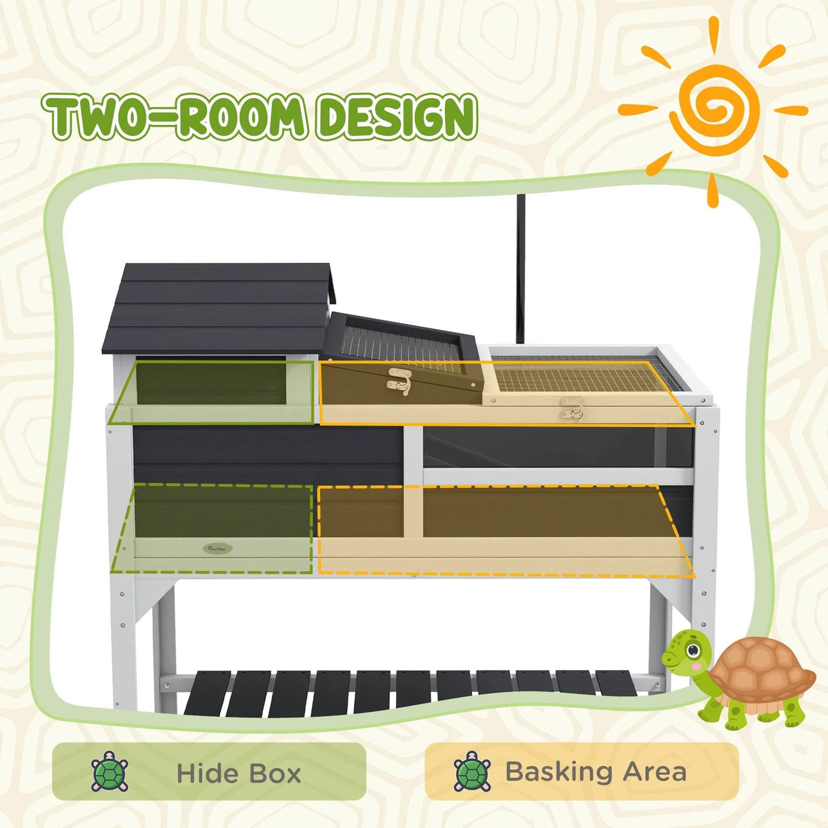 Grey two-room tortoise habitat with separate hide box and basking area compartments
