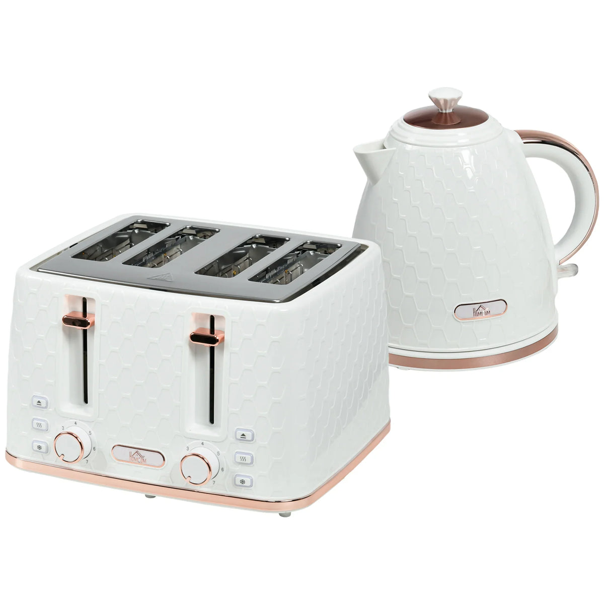 Cream honeycomb electric kettle with copper handle, paired with matching toaster