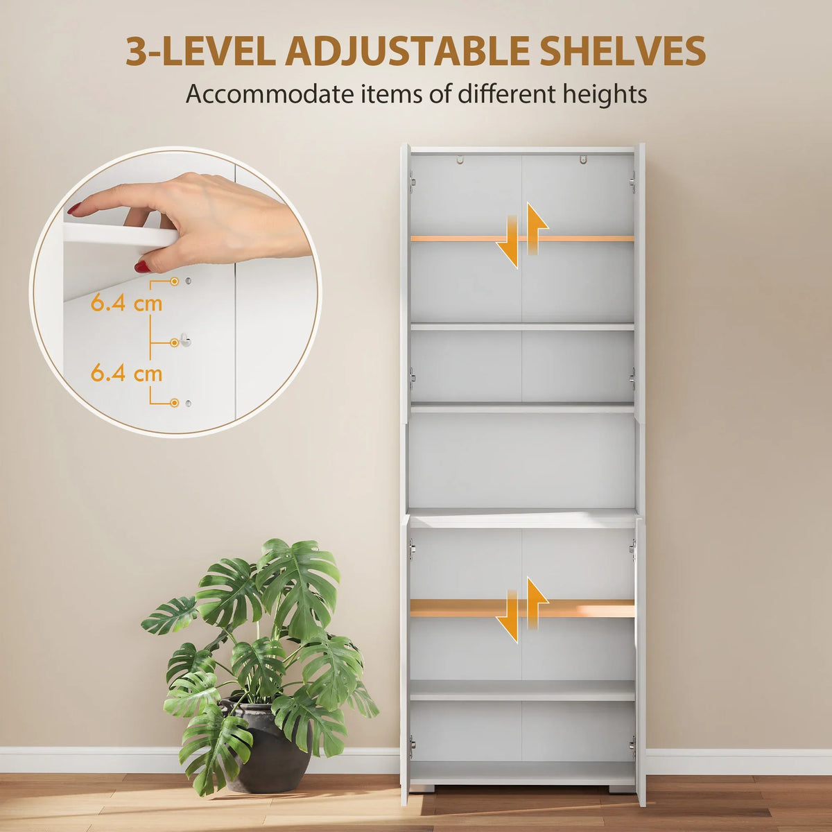 Tall white pantry cabinet with three adjustable shelf levels, doors open to empty storage
