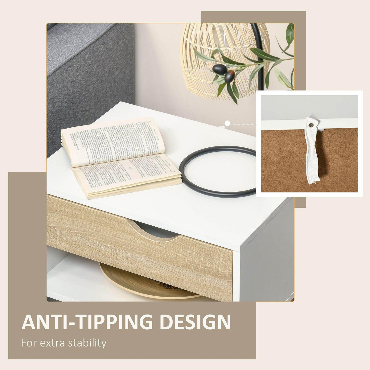 Nightstand with drawer and anti-tipping strap for extra stability; light wood and white