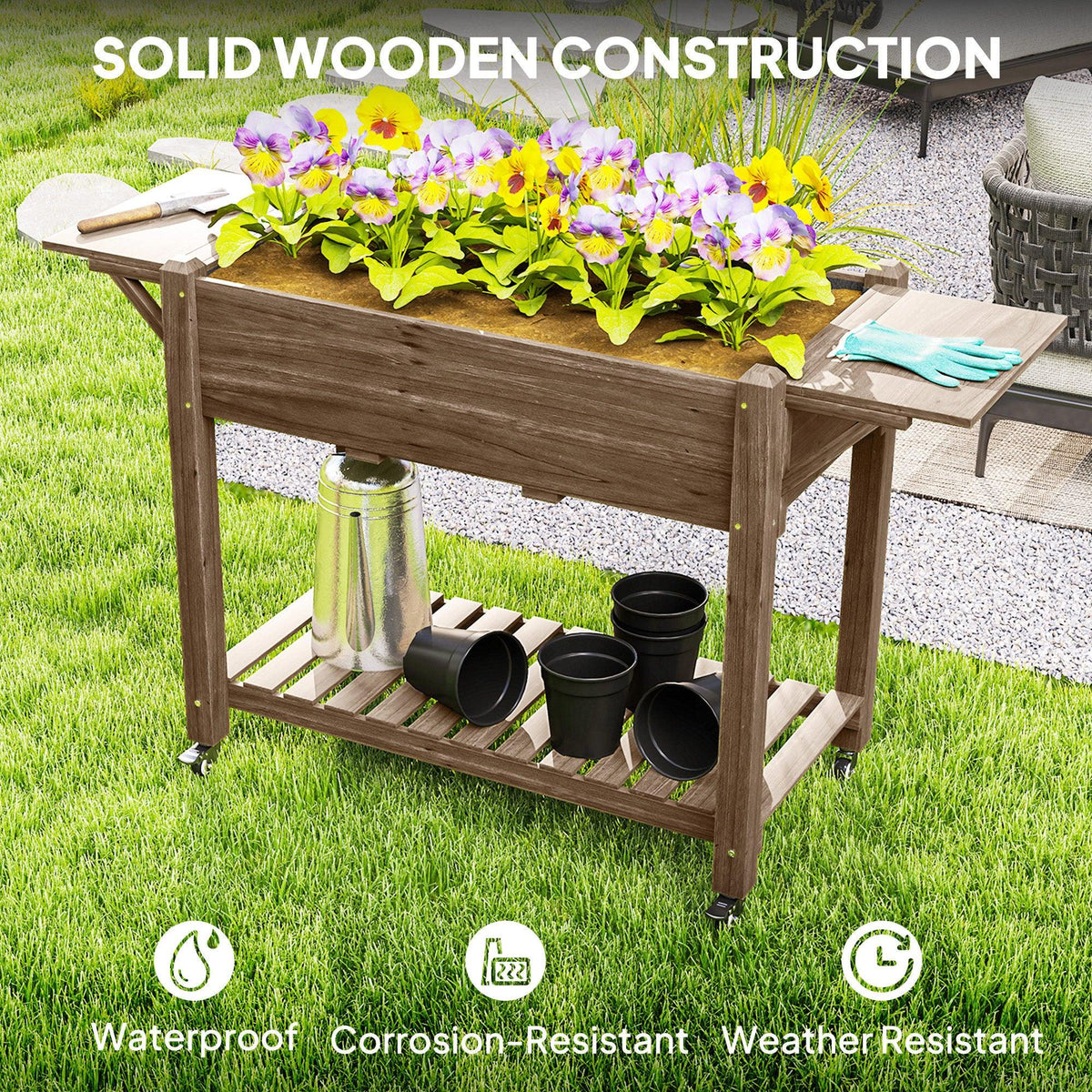 Dark brown wooden raised planter with shelves, flower bed, and stored black plant pots