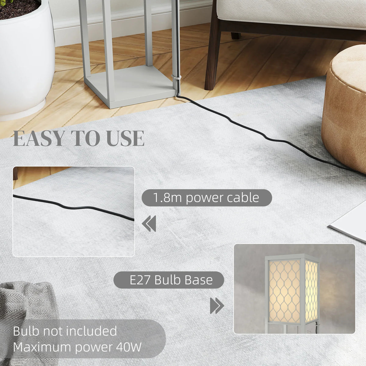 Standing lamp with power cable and E27 bulb base beneath three-tier shelf