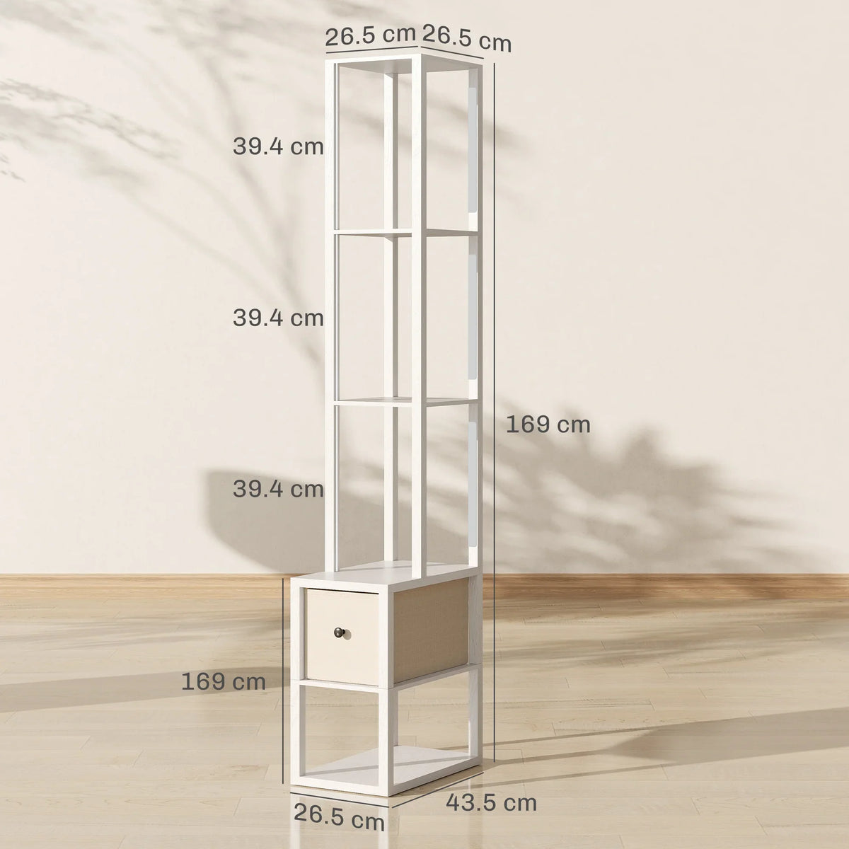 White LED standing lamp with shelves and fabric drawer, shown with product dimensions.