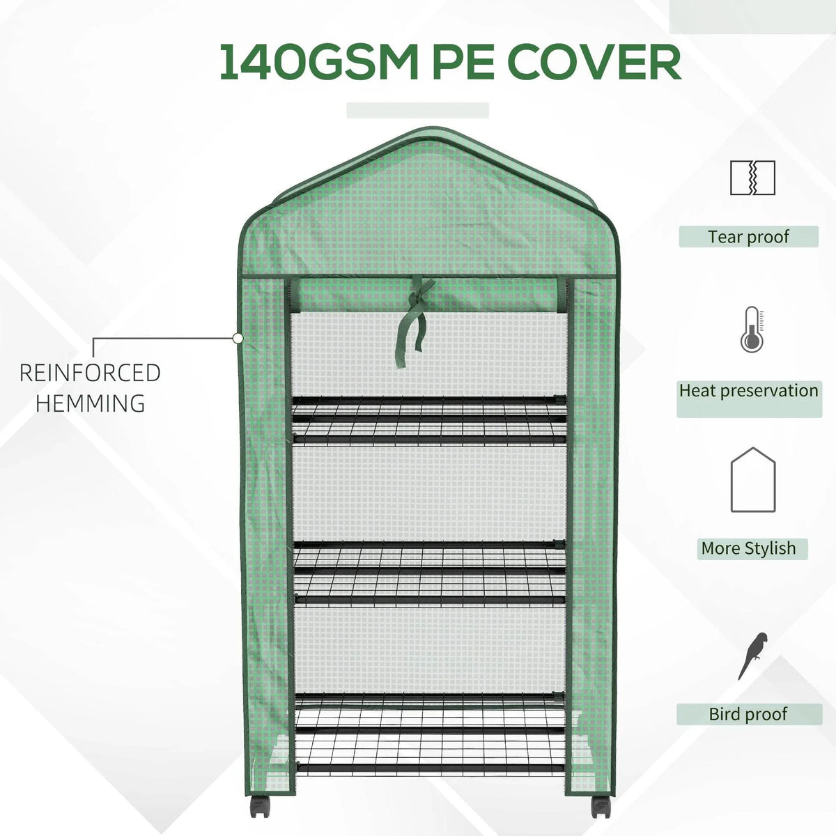 Green PE greenhouse cover with reinforced hem and vent-style roll-up door