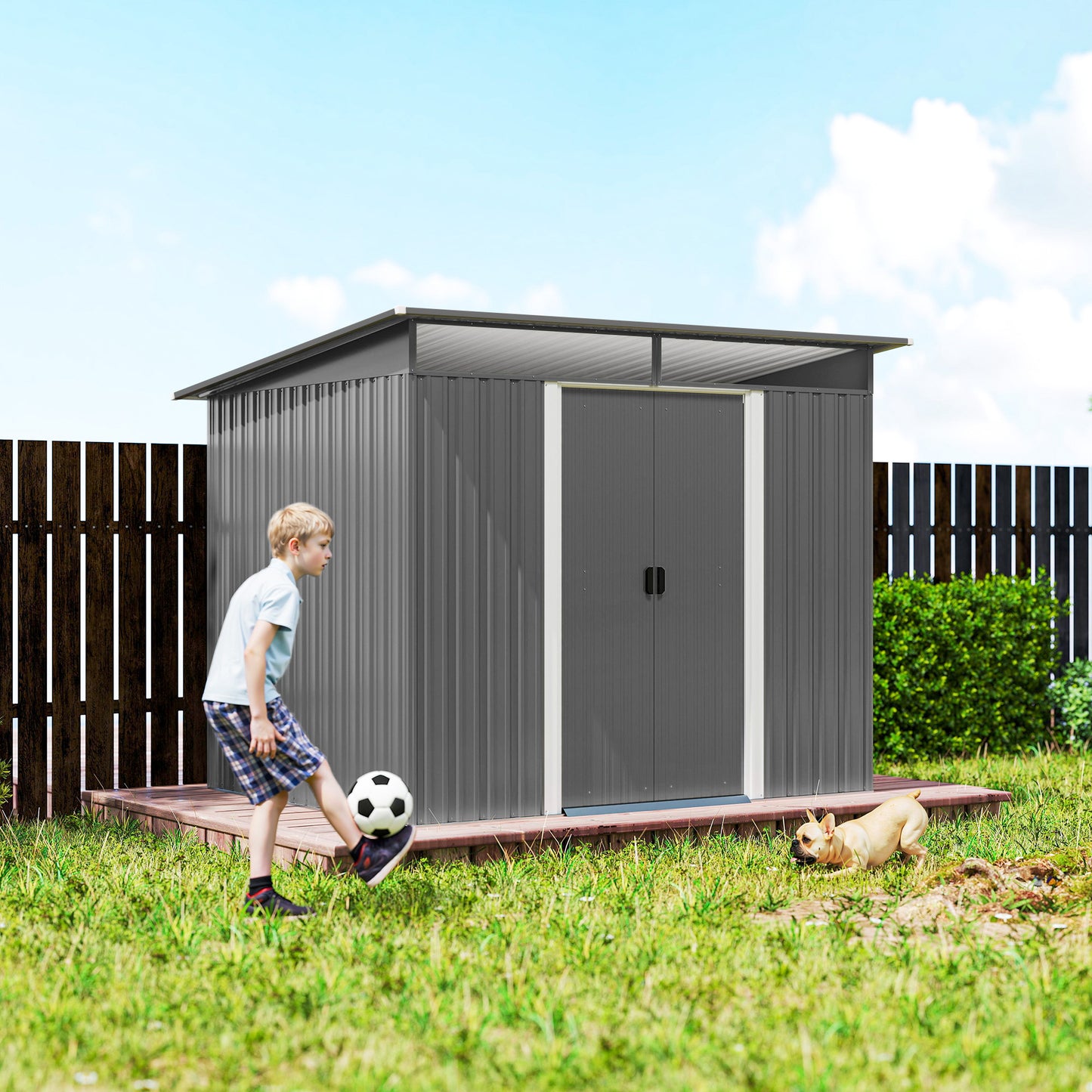 Outsunny 9ft x 6.5ft Garden Storage Shed With Top Window Metal Outdoor Tool House Double Doors Light Grey