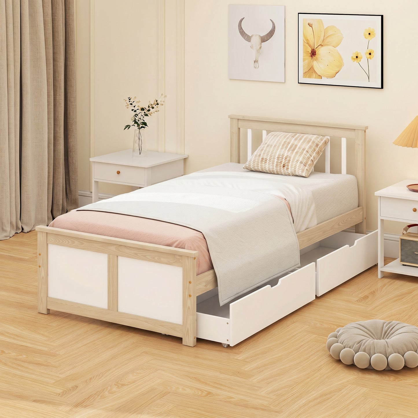 HOMCOM Pine Storage Bed 3ft Single Solid Wooden Bed Frame With Drawers And Headboard Natural Wood Finish
