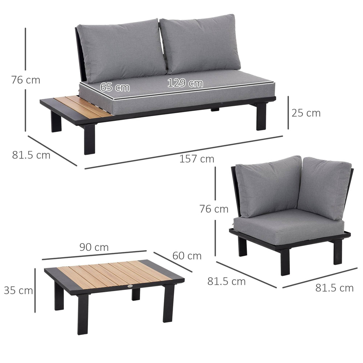 Dark grey outdoor sofa with corner cushions and matching square coffee table