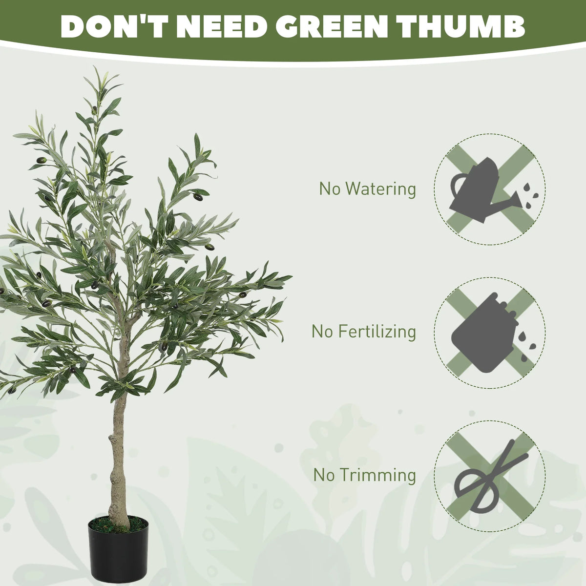 Artificial olive tree with faux foliage in black pot, no maintenance needed