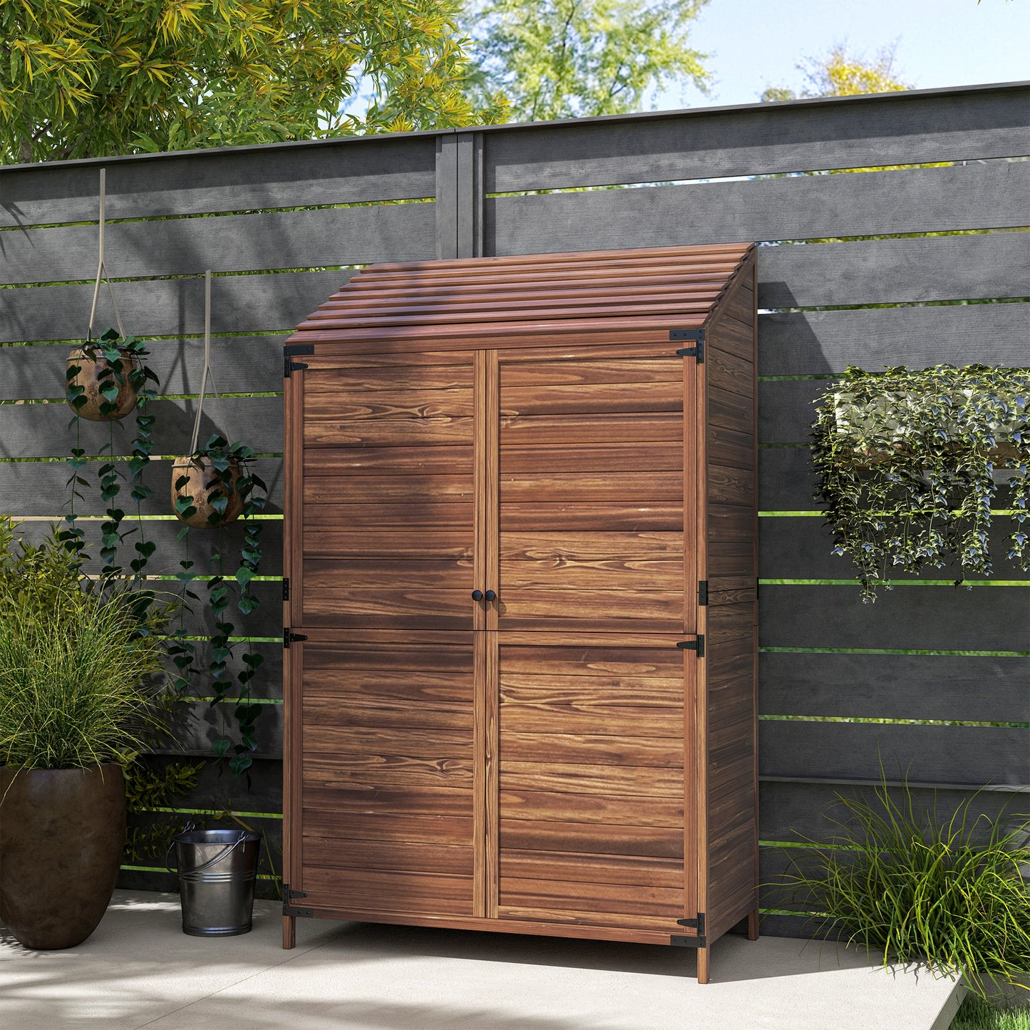 Outsunny 103.5 x 59 Cm Wooden Garden Shed Brown With Slatted Base And Upper And Lower Shelves