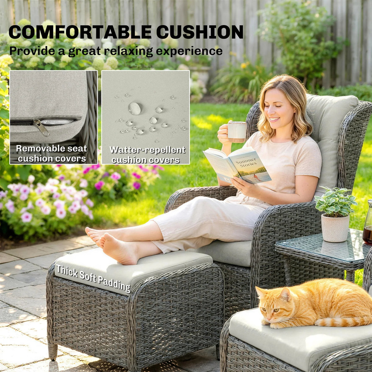 Reclining rattan chair with light cushion, removable cover design and water-repellent fabric
