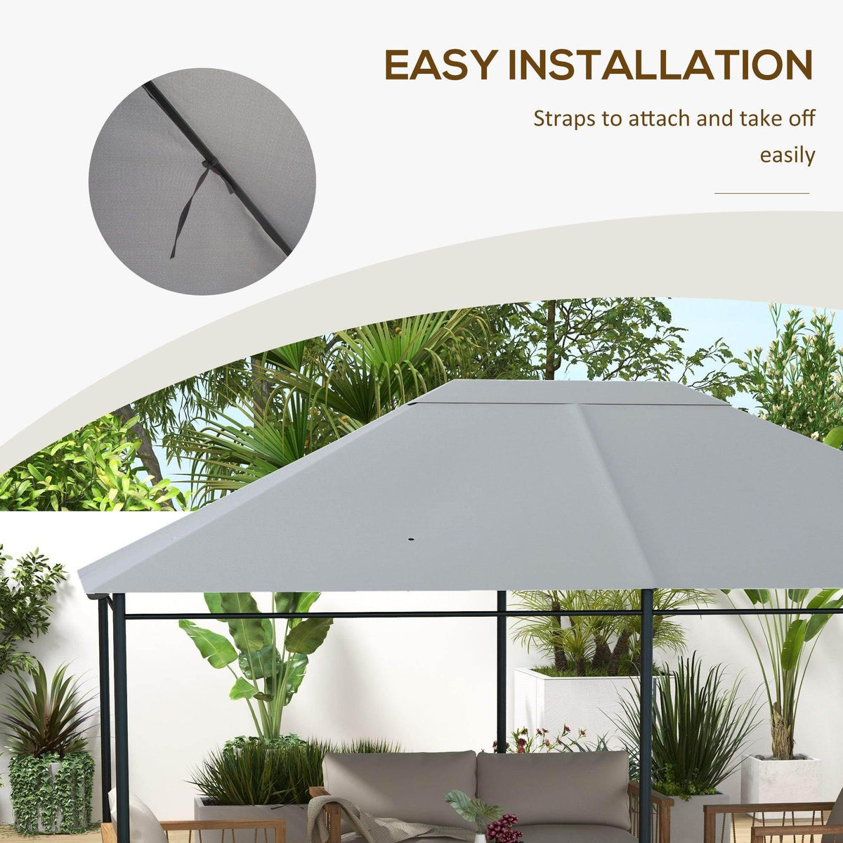 Light grey gazebo top canopy replacement cover with straps attachment point