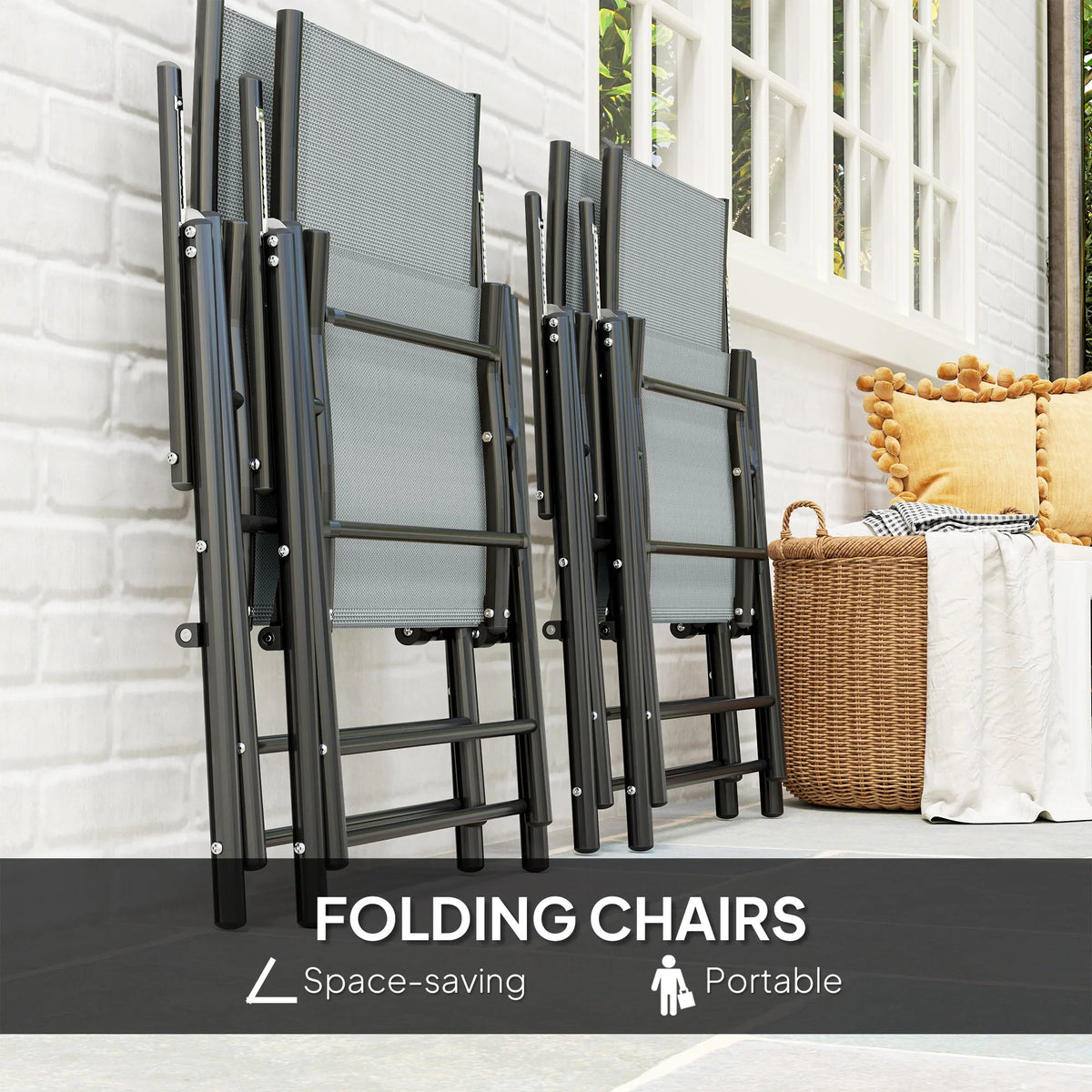 Set of high-back folding patio chairs with grey mesh backs and black steel frames
