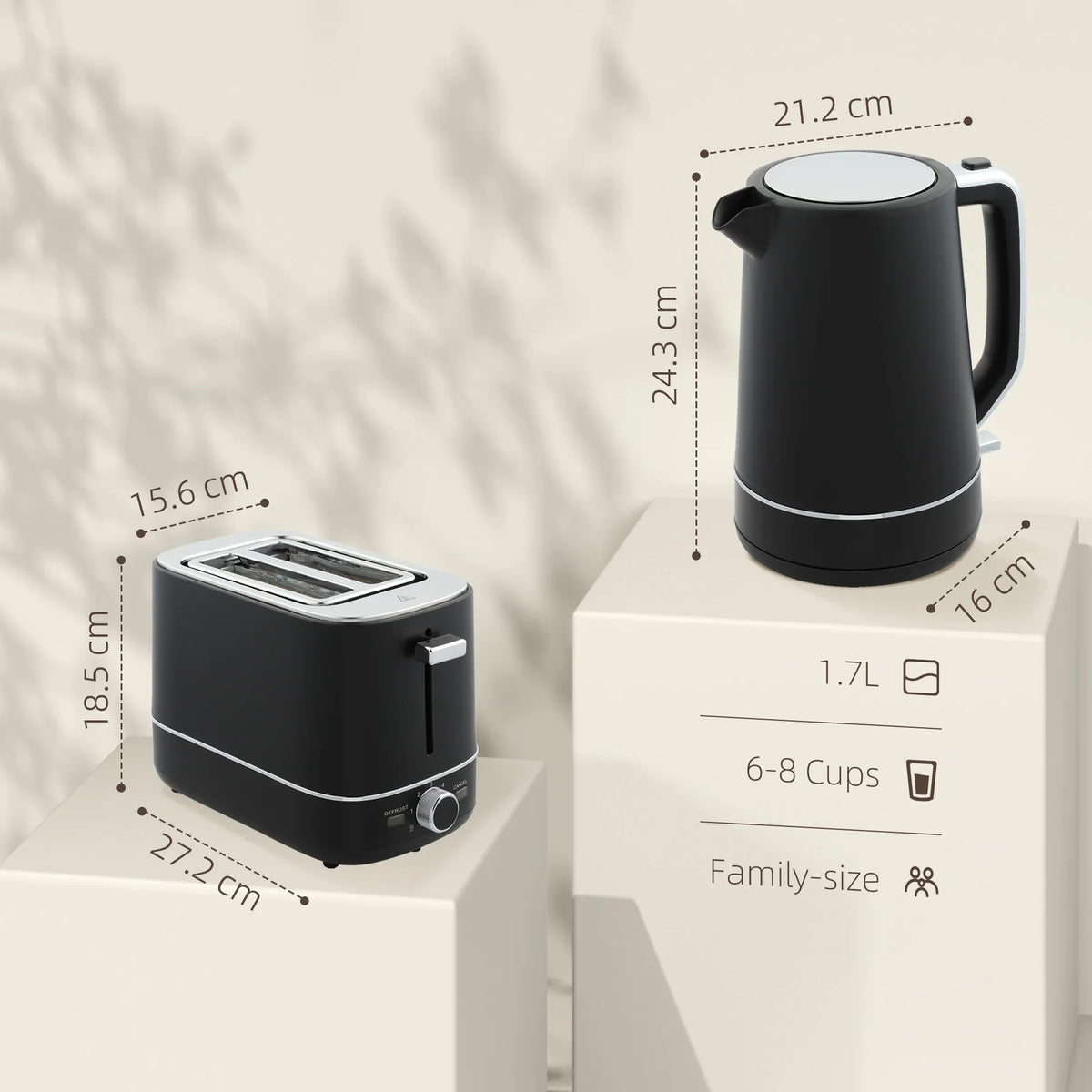 Black 1.7L kettle and 2-slice toaster with size diagram on packaging