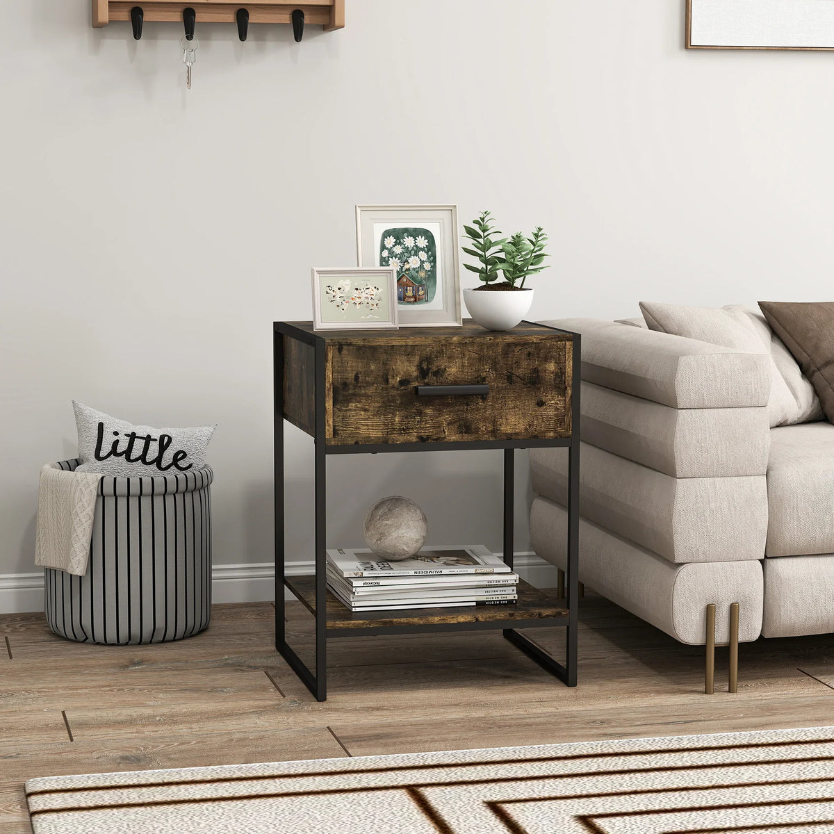 Bedside table with single drawer and open bottom shelf, rustic brown look, black frame