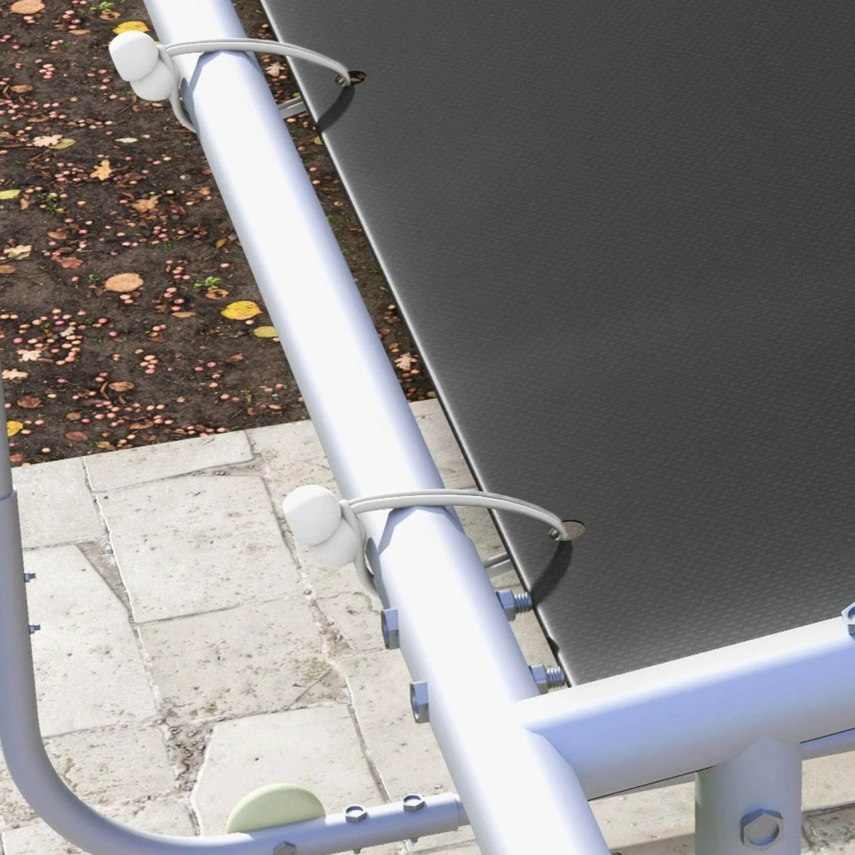 Portable pergola frame corner with metal connectors and bolts