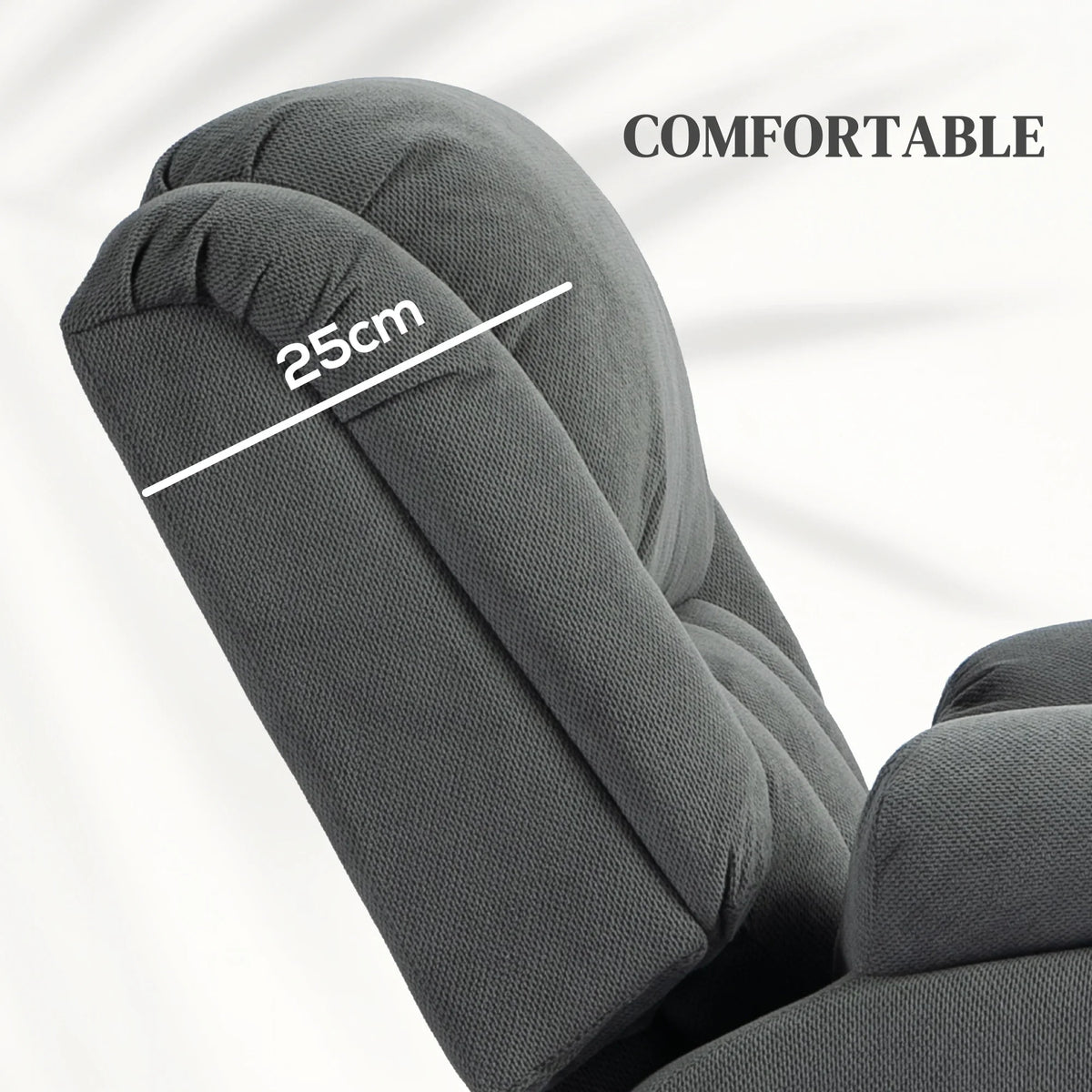 Grey recliner with measured padded armrest and supportive backrest