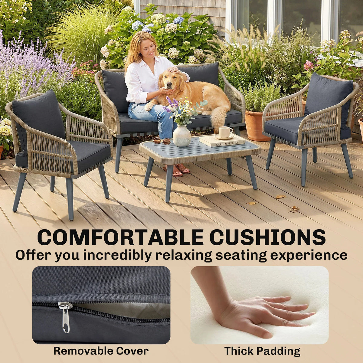 Dark grey patio seat cushions with removable covers and thick padding on set