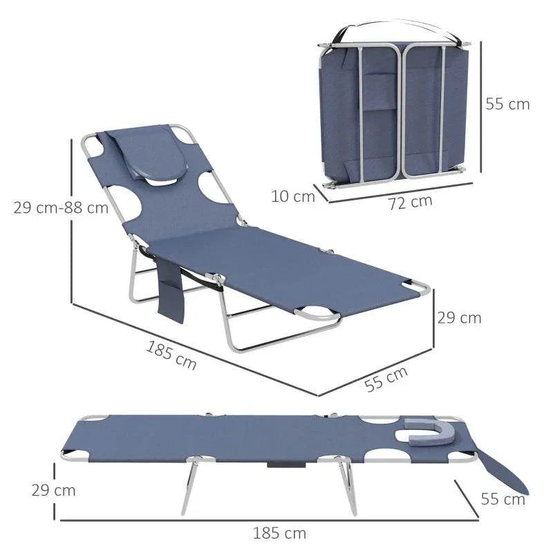 Foldable blue sun lounger with 5-level adjustable backrest and metal frame supports