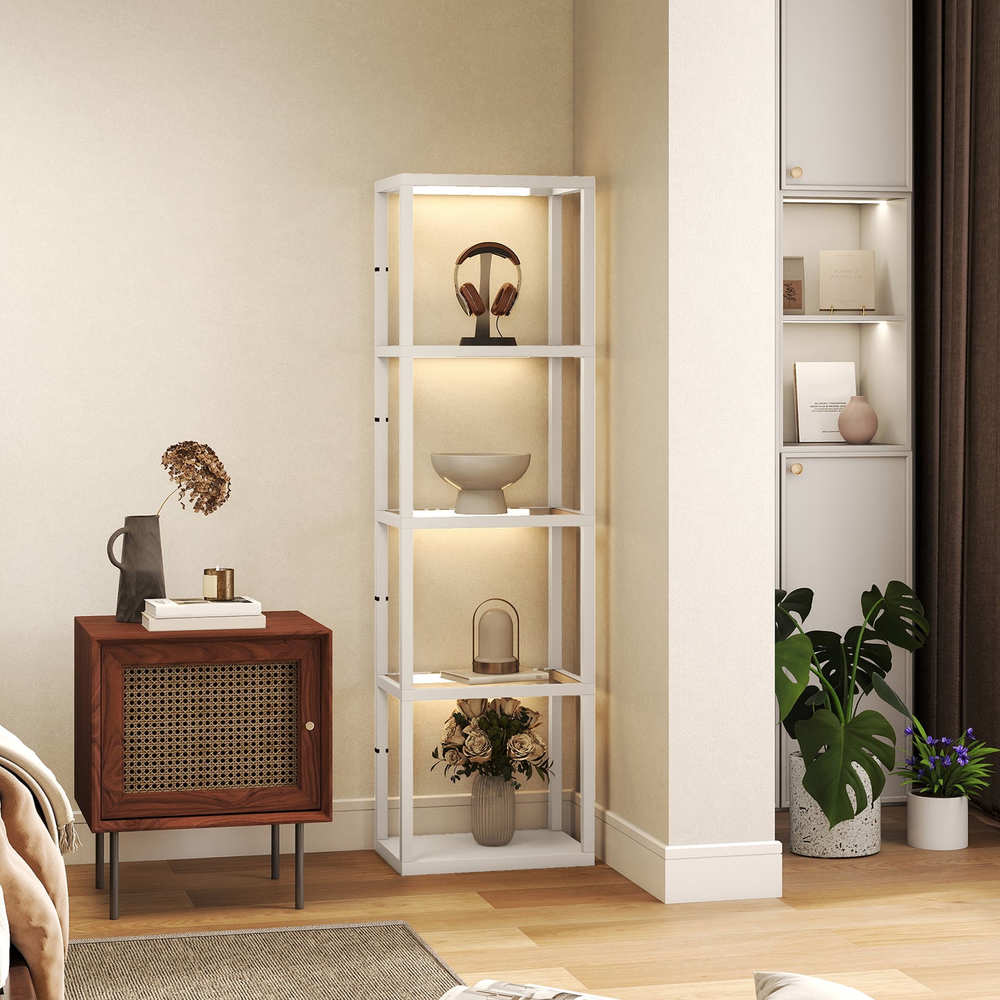 HOMCOM Four Shelf Floor Lamp With Bleached Oak Finish And Tempered Glass Shelves Three Level Adjustable LED Lighting