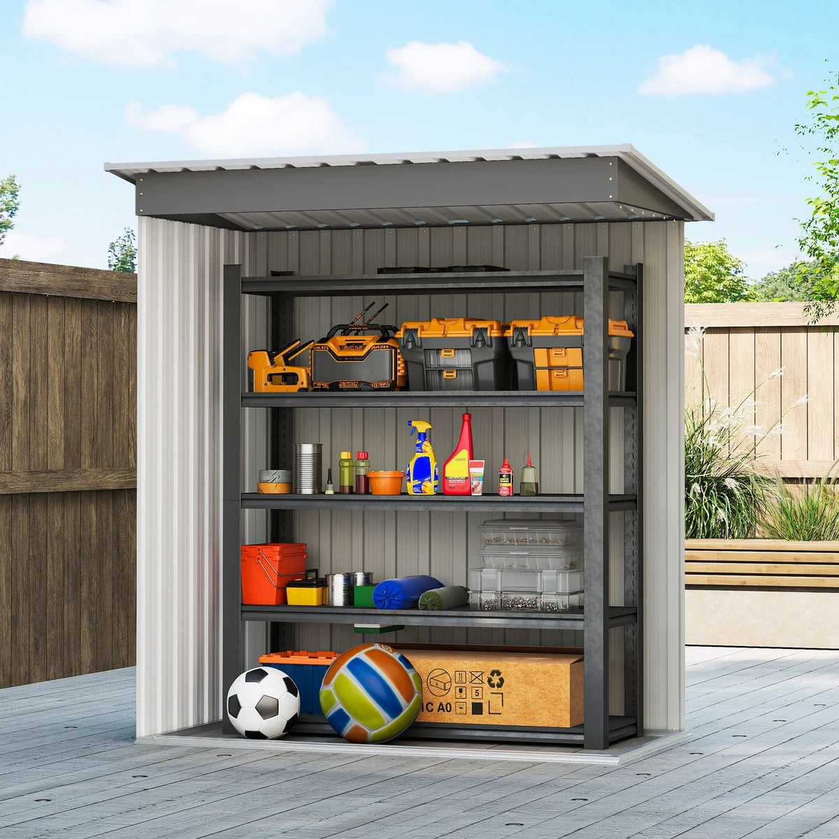 Light grey metal storage shed with open sliding door, shelves holding tools and bottles