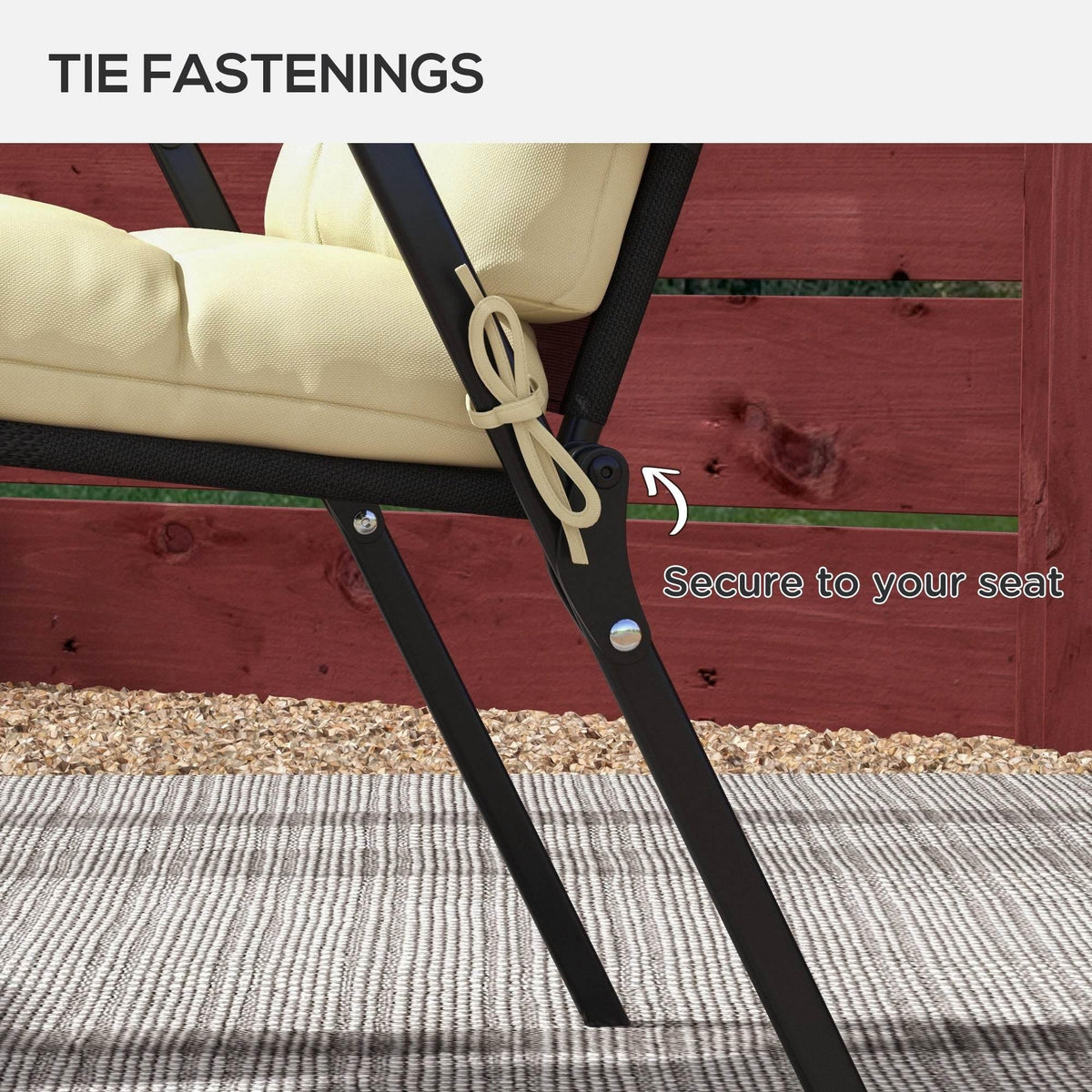 Beige cushion with tie fastenings and elastic straps for securing to chair frame
