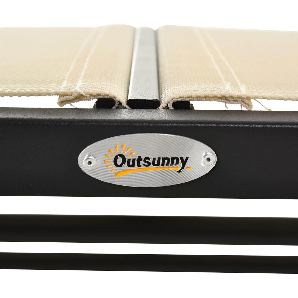 Outsunny nameplate on dark steel frame of a beige mesh patio glider bench