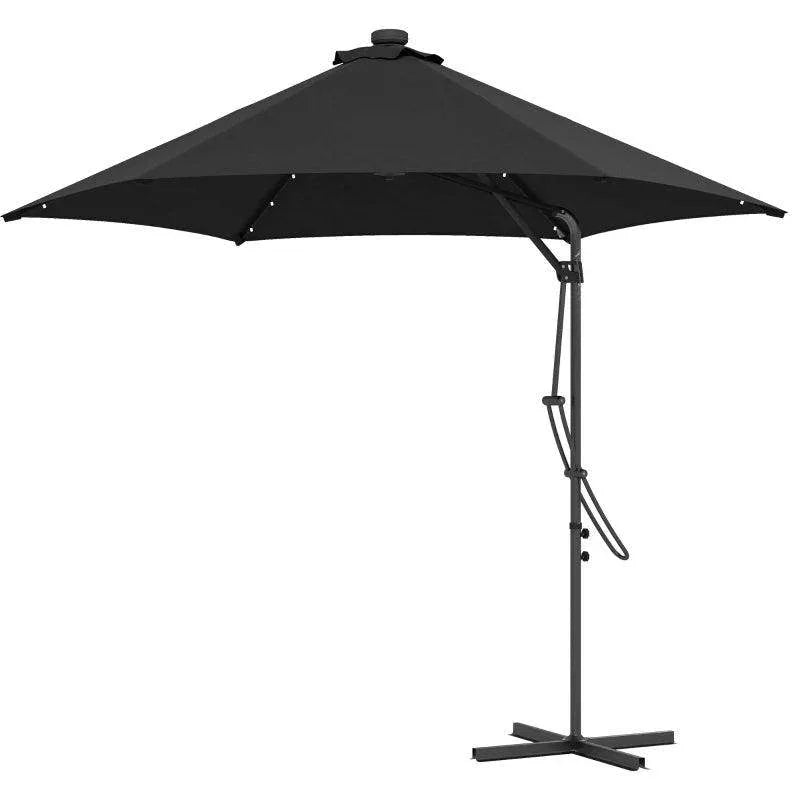 Black cantilever patio umbrella with cross base and open canopy for shade