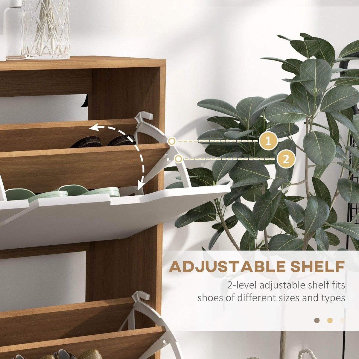 Shoe cabinet with open flip drawer and adjustable shelf area for different shoe sizes