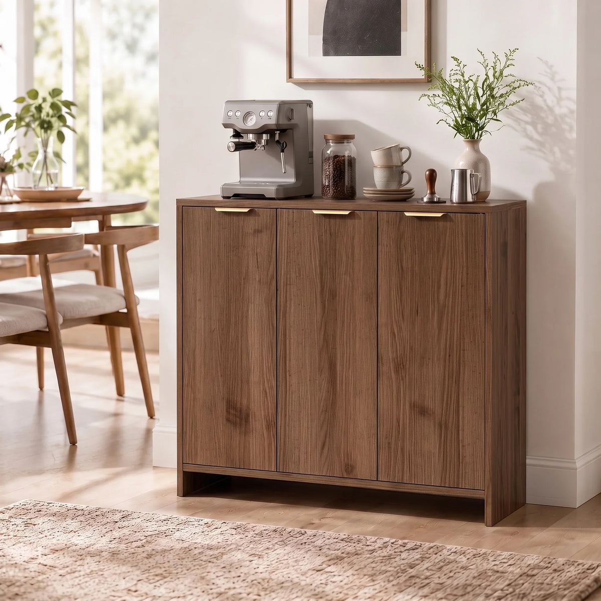 Brown sideboard cabinet with three doors, set up as kitchen storage