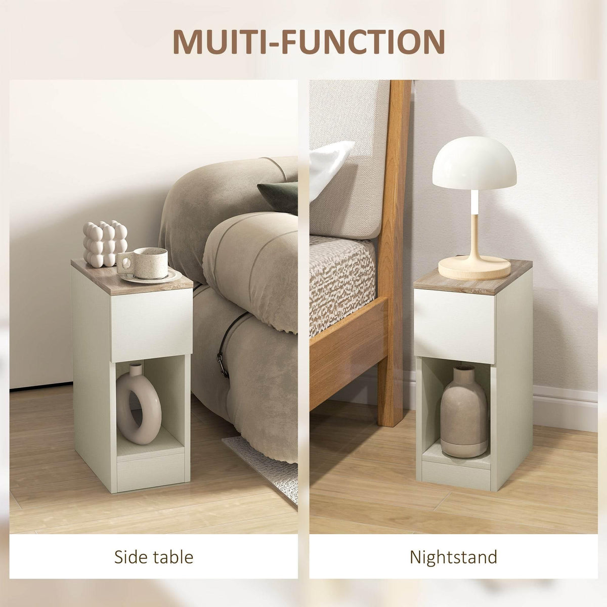 Pair of white nightstands with drawer and open shelf, light wood tops for bedside use.