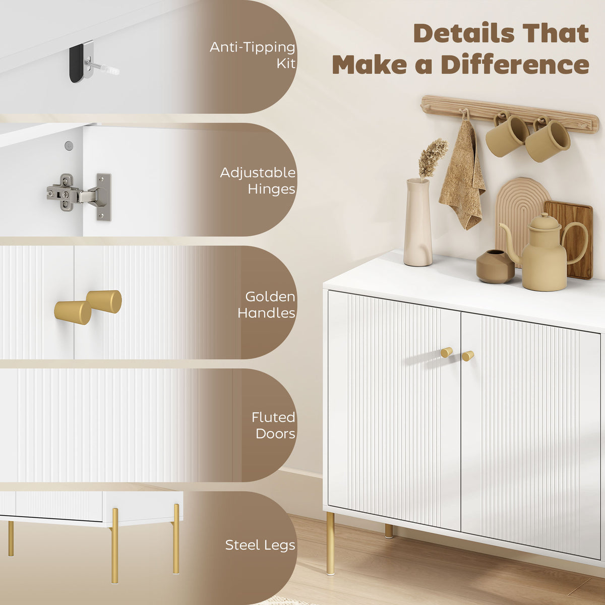White cabinet sideboard showing adjustable hinges, fluted doors, and golden handles
