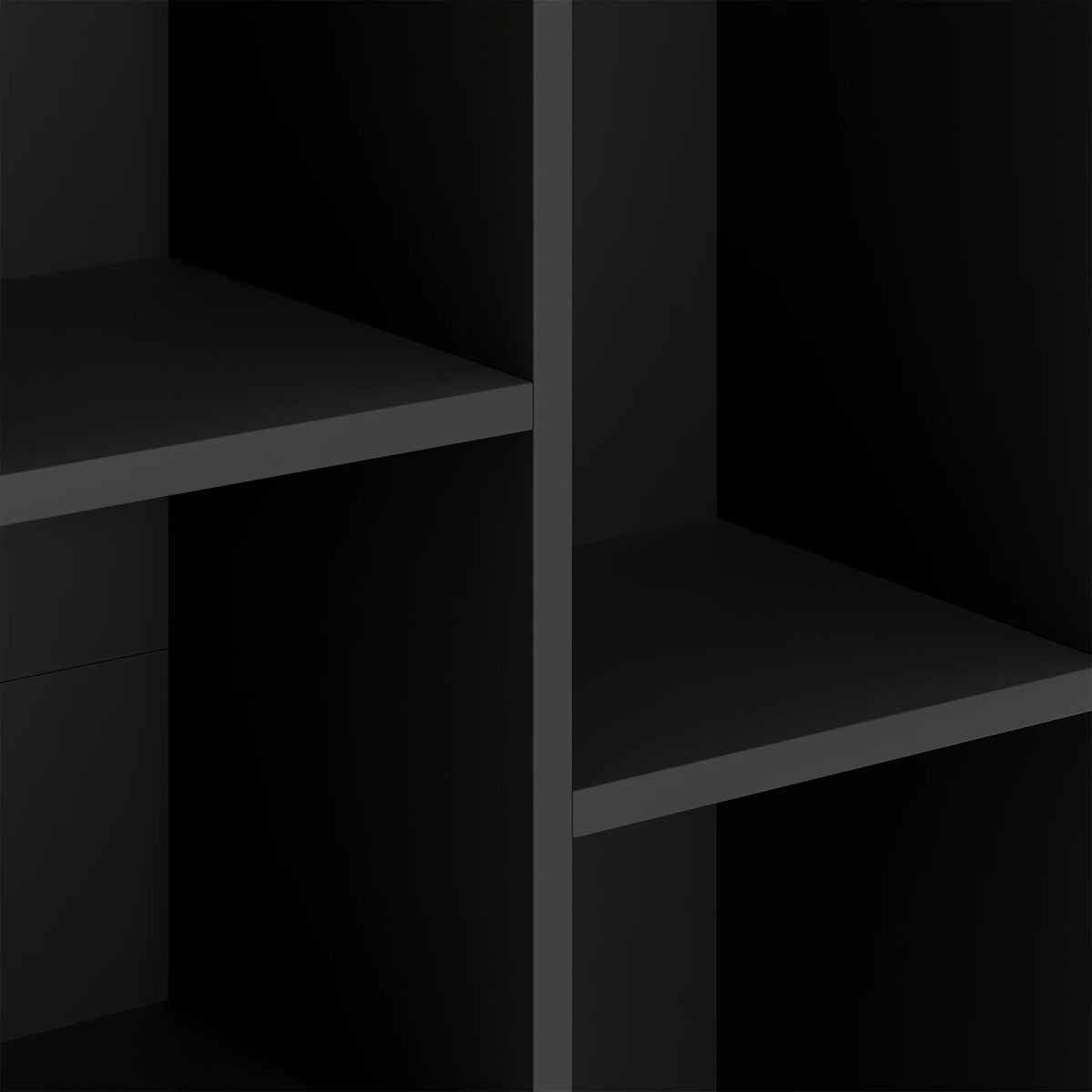 Black open-cube bookshelf interior, showing shelf dividers and side walls