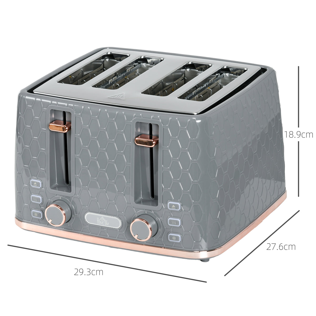 Grey honeycomb four-slice toaster with two toast slots and browning control dials