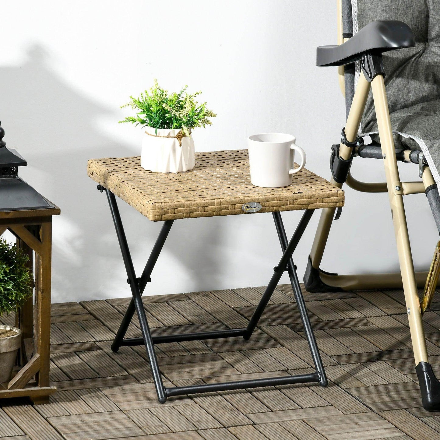 Outsunny Garden Small Folding Square Rattan Coffee Table Bistro Balcony Outdoor Wicker Weave Side Table 40Hx40Lx40Wcm, Natural - ALL4U RETAILER LTD