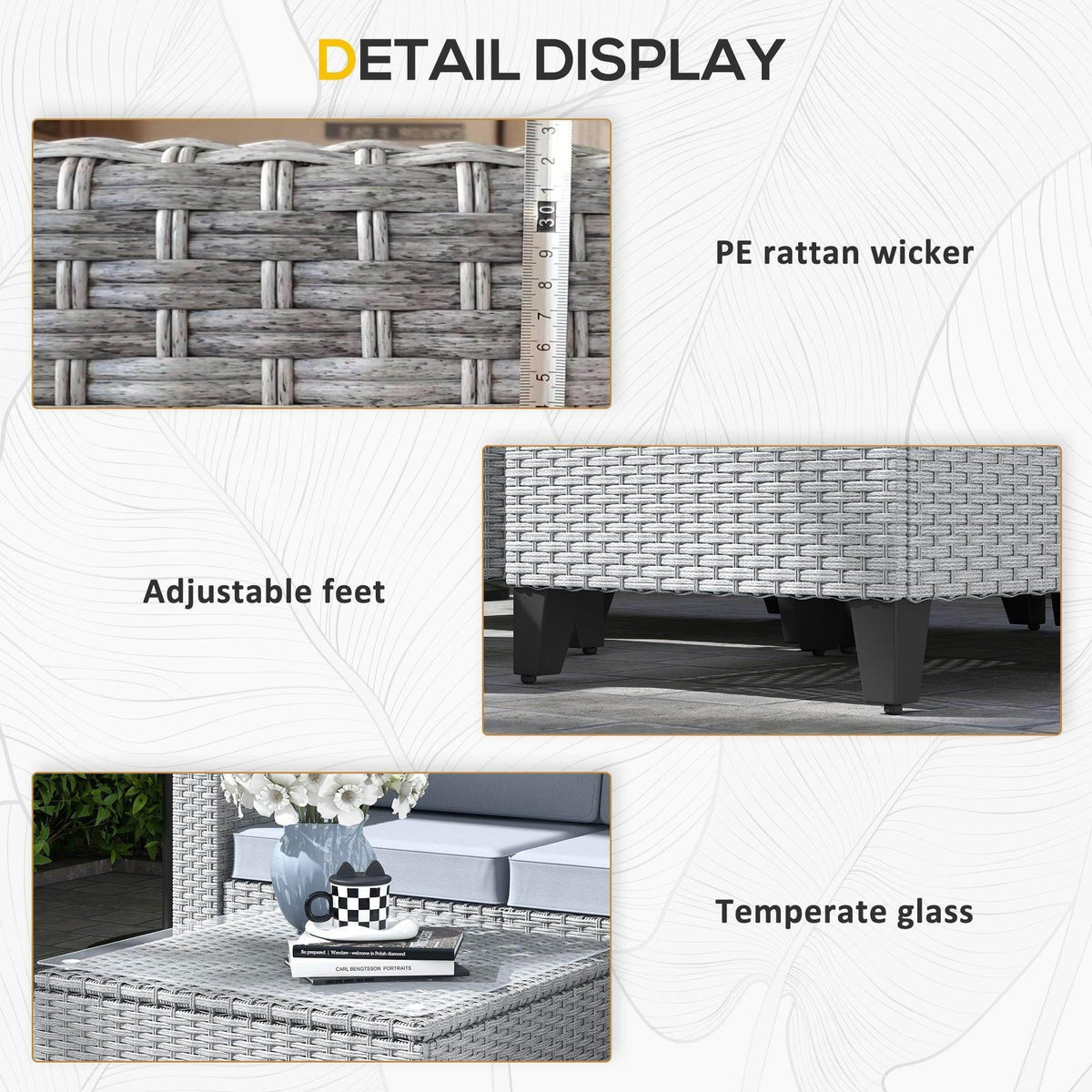 Rattan wicker patio set detail with adjustable feet and tempered glass coffee table top