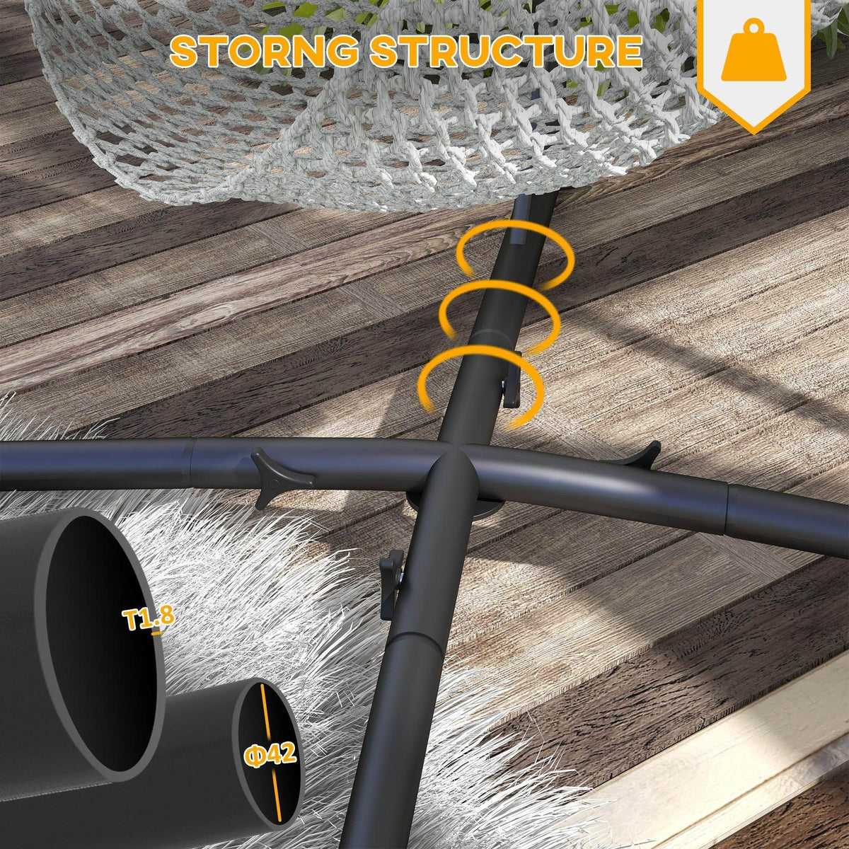 Black metal support pole with chain attachment and spring coil detail, close-up