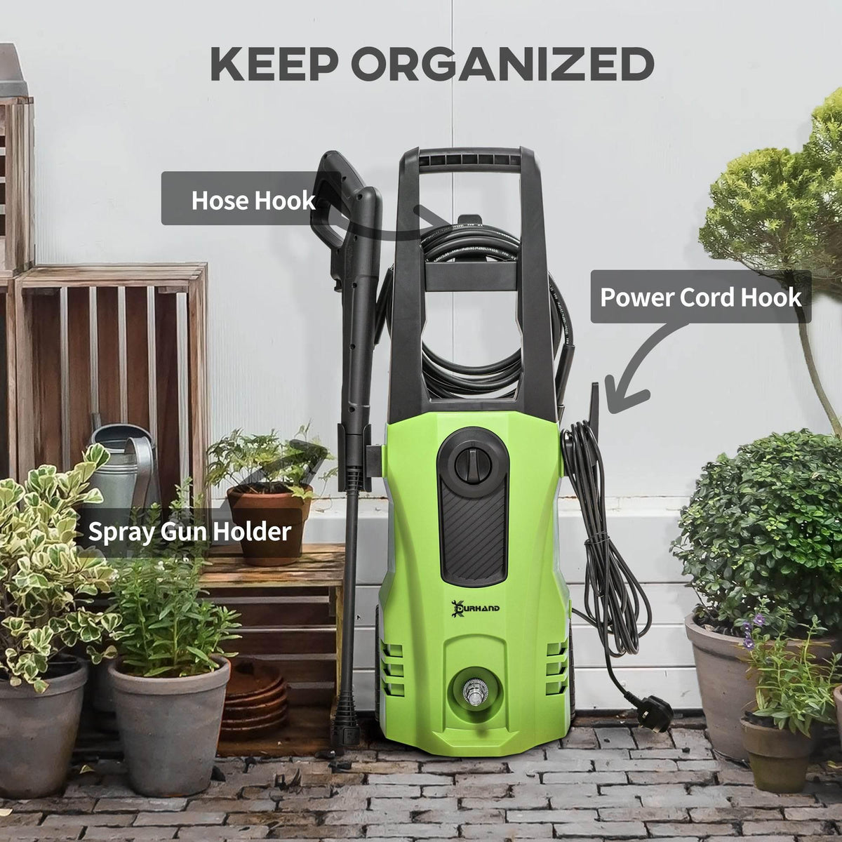 Portable pressure washer with hose hook, spray-gun holder, and power cord hook