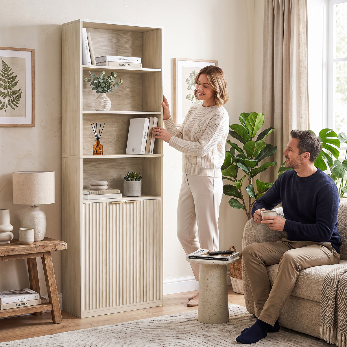 HOMCOM 6 Tier Small Bookshelf Slim Storage Unit With Cabinet Oak Effect