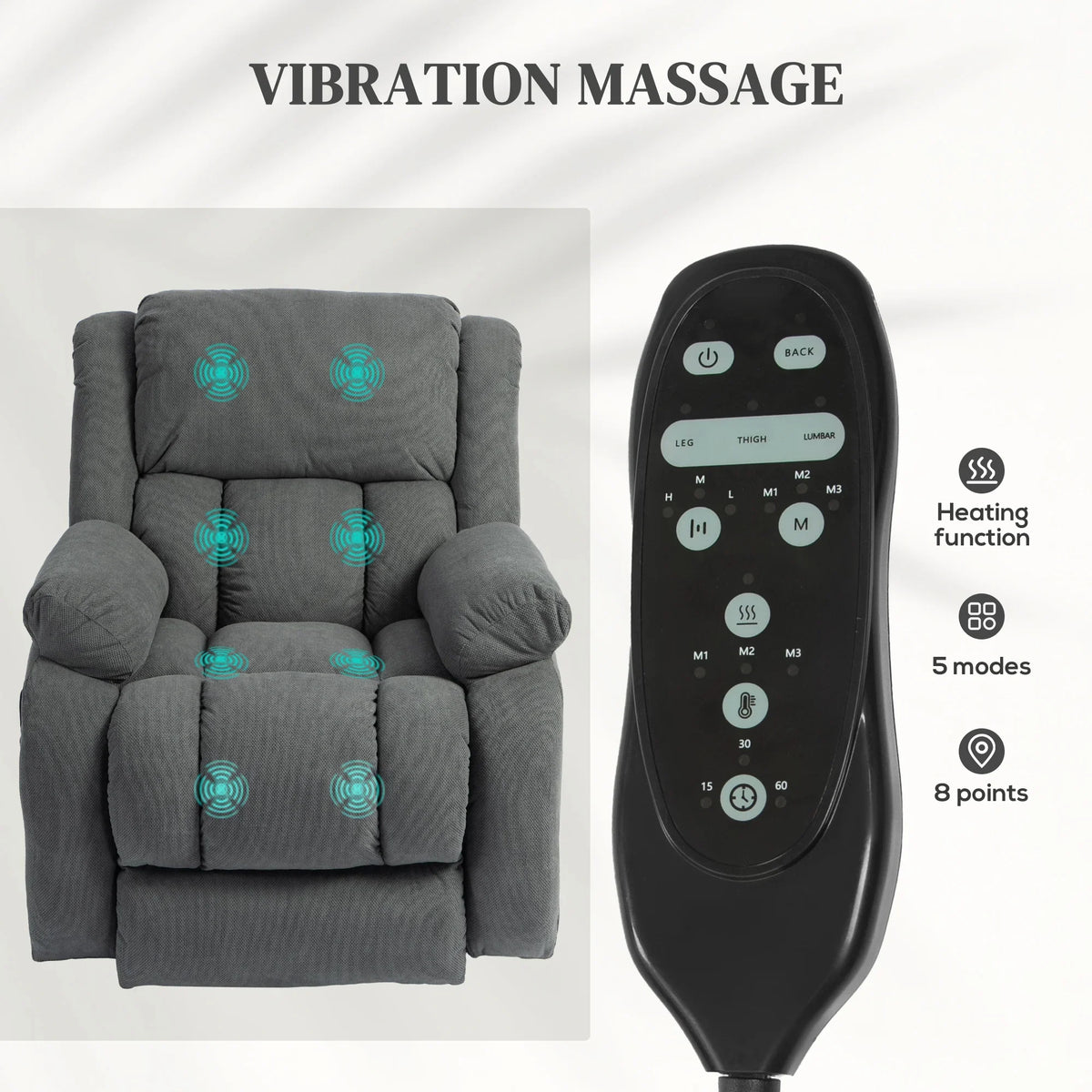 Grey lift recliner with vibration massage pattern and heated massage remote control