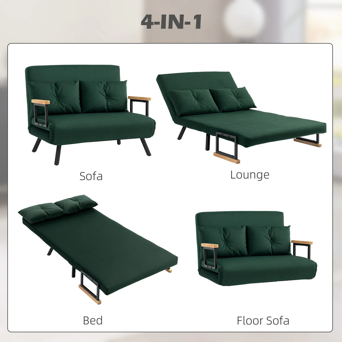 Green 4-in-1 sofa bed showing sofa, lounge, bed, and floor sofa configurations