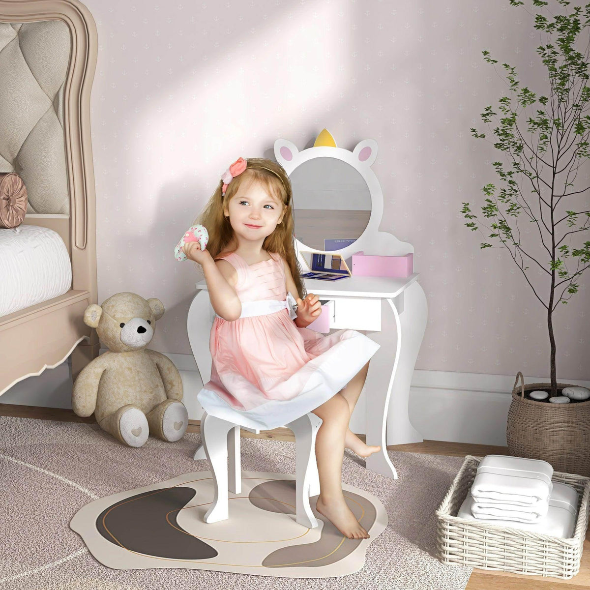 Kids unicorn vanity table with round mirror, white frame, pink drawer, matching stool