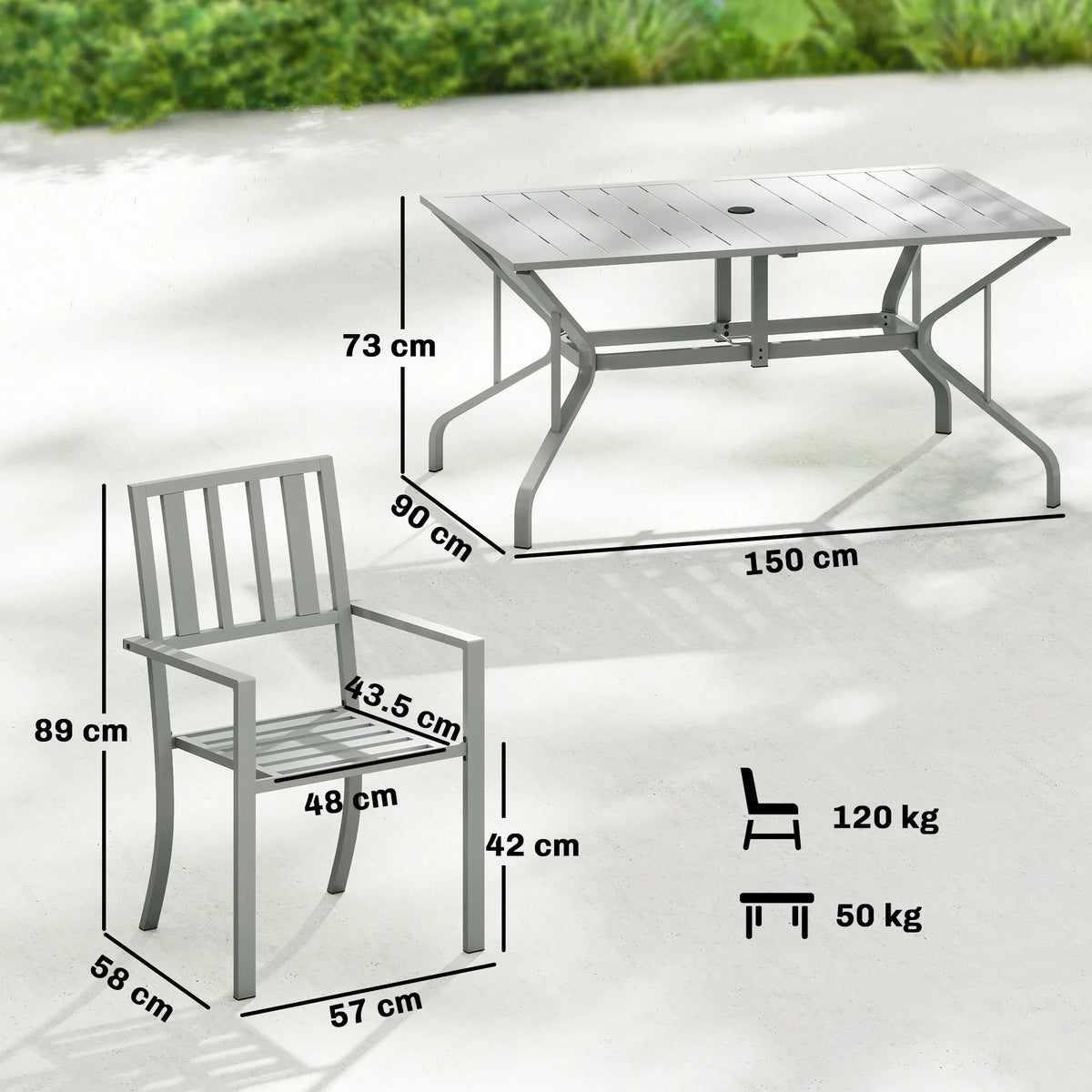 Outdoor dining table and chair set size diagram with dimensions and weights