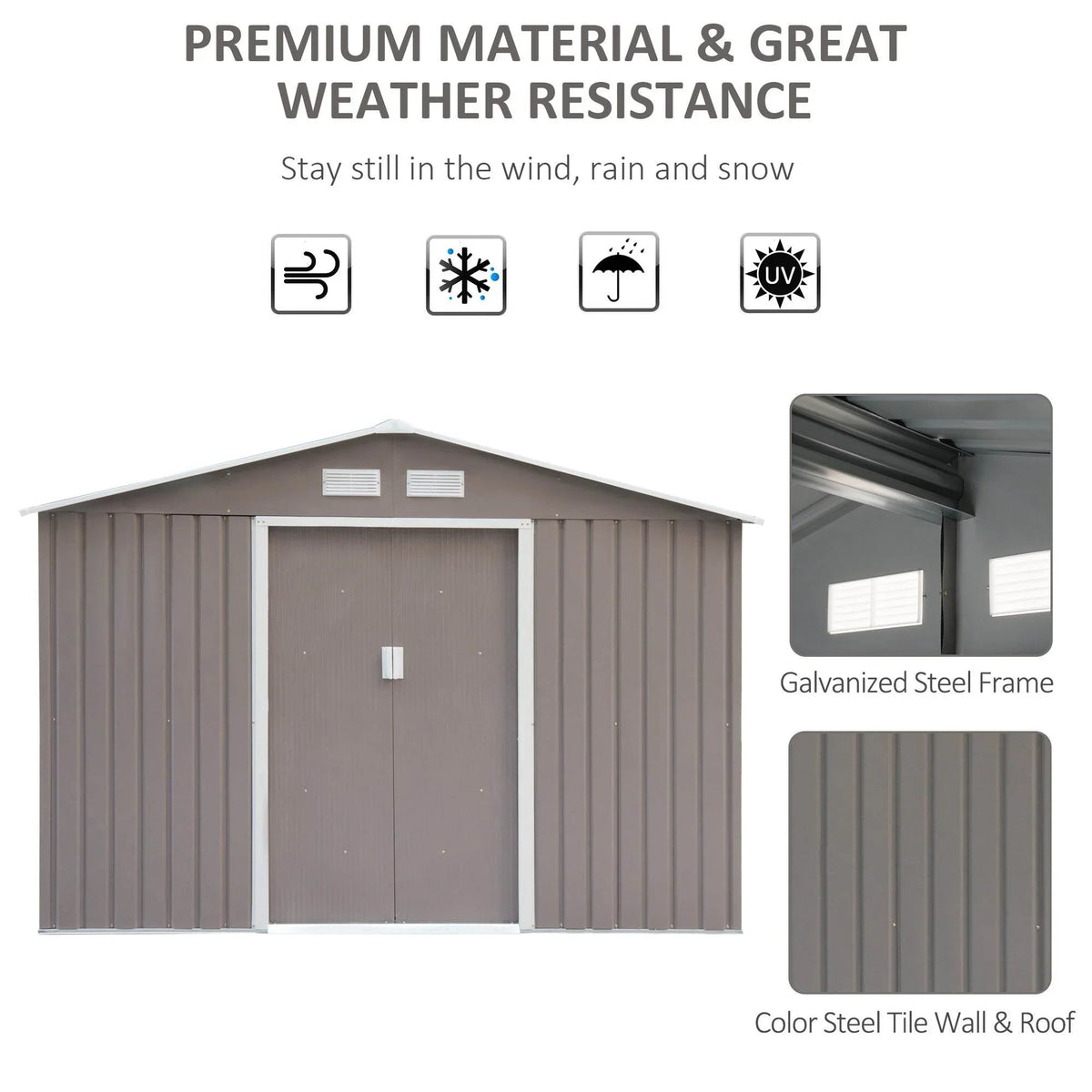 Grey metal storage shed with double doors, steel frame, and weather-resistant roof.