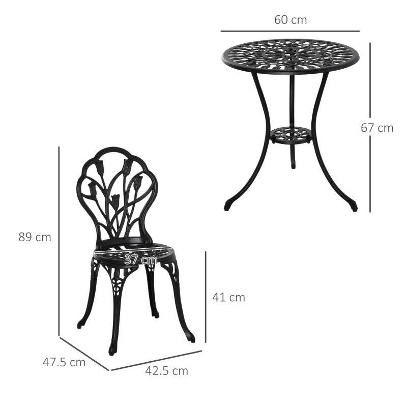 Black bistro table and chairs shown with product dimensions and round tabletop
