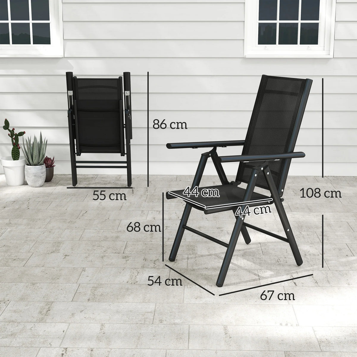 Black folding patio chair with mesh back and seat, aluminum frame, armrests