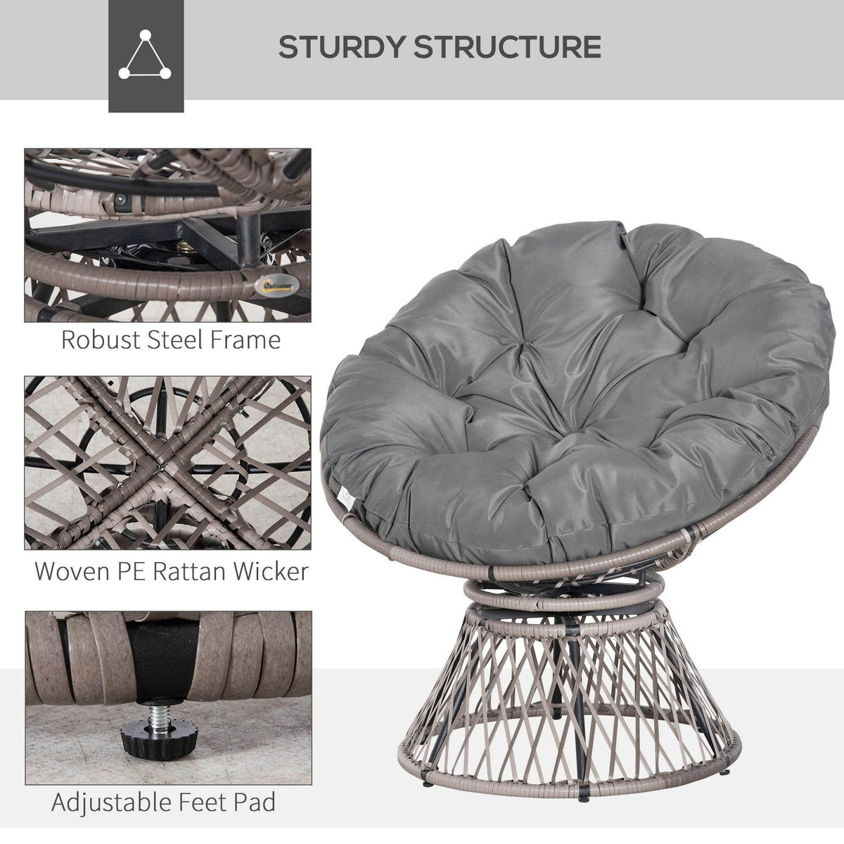Papasan-style rattan swivel chair with gray cushion, sturdy frame, and adjustable feet