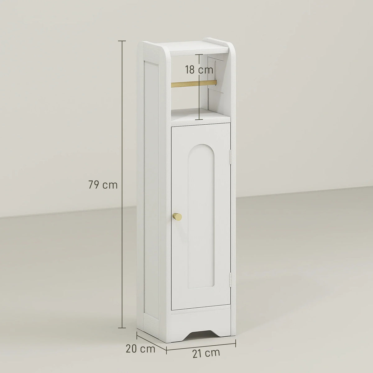 White slim cabinet with open top shelf and enclosed lower storage, compact size